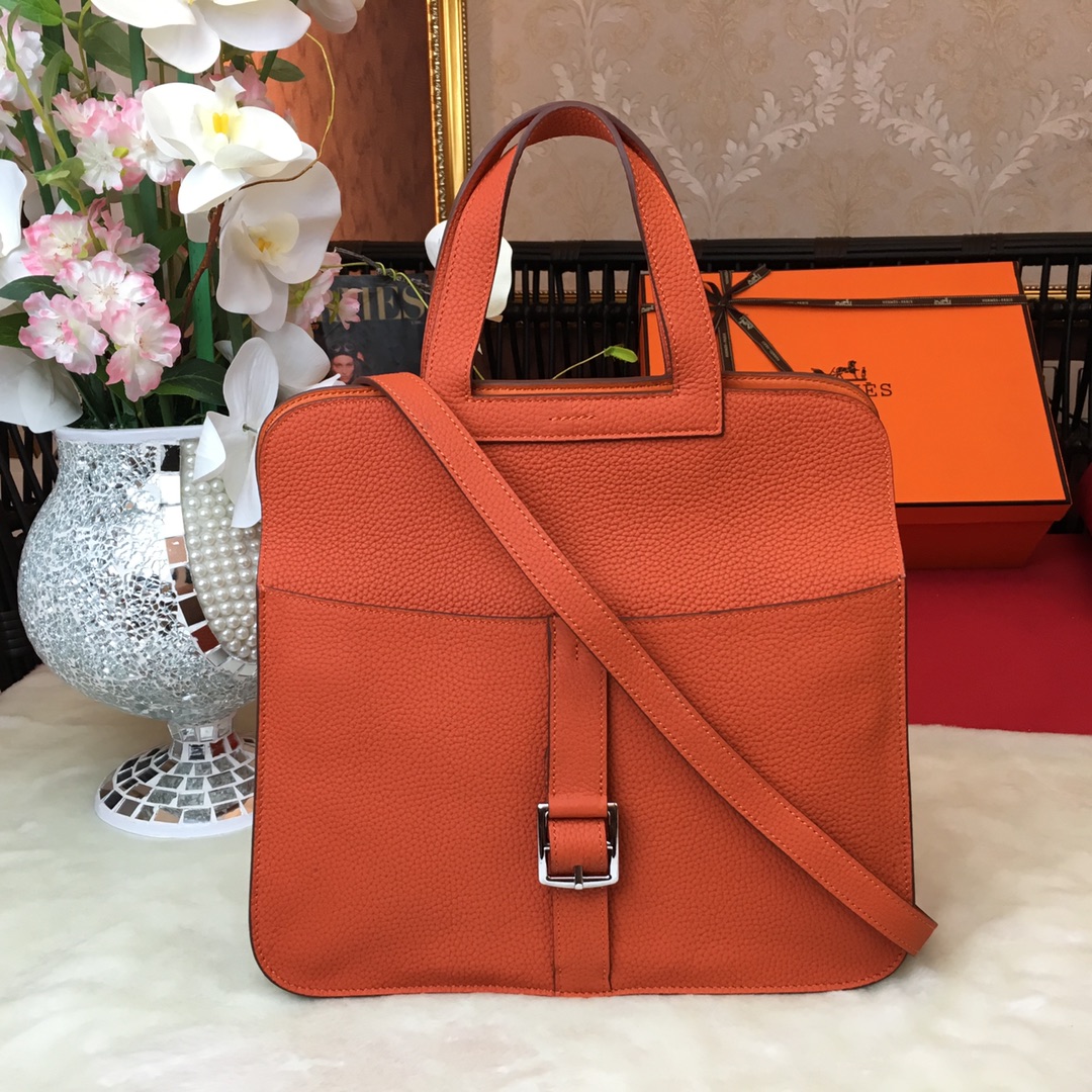 Hermes Halzan 31 Handbag Shoulder Bag In Feu Orange Clemence Leather